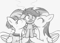 Size: 1651x1189 | Tagged: safe, artist:lockerobster, derpibooru import, rainbow dash, scootaloo, windy whistles, pegasus, pony, blushing, clothes, eyes closed, female, filly, freckles, grayscale, kiss on the cheek, kiss sandwich, kissing, mare, monochrome, platonic kiss, scootalove, sitting, spread wings, traditional art, wingboner, wings