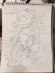 Size: 768x1024 | Tagged: safe, artist:andypriceart, derpibooru import, princess luna, pony, andy you magnificent bastard, clothes, coffee, cosplay, costume, crossover, kathryn janeway, solo, star trek, star trek: voyager, traditional art