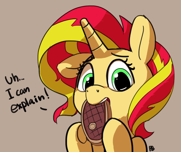Size: 1280x1076 | Tagged: safe, artist:pabbley, derpibooru import, sunset shimmer, pony, unicorn, 30 minute art challenge, caught, dialogue, eating, female, food, meat, ponies eating meat, simple background, solo, steak