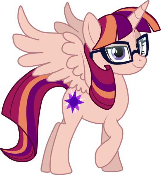 Size: 2147x2342 | Tagged: safe, artist:namygaga, derpibooru import, oc, oc:violet sunrise, unofficial characters only, alicorn, pony, alicorn oc, female, glasses, looking at you, magical lesbian spawn, mare, next generation, offspring, parent:sci-twi, parent:sunset shimmer, parent:twilight sparkle, parents:scitwishimmer, parents:sunsetsparkle, raised hoof, simple background, smiling, transparent background, vector