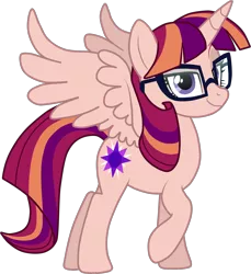 Size: 2147x2342 | Tagged: safe, artist:namygaga, derpibooru import, oc, oc:violet sunrise, unofficial characters only, alicorn, pony, alicorn oc, female, glasses, looking at you, magical lesbian spawn, mare, next generation, offspring, parent:sci-twi, parent:sunset shimmer, parent:twilight sparkle, parents:scitwishimmer, parents:sunsetsparkle, raised hoof, simple background, smiling, transparent background, vector