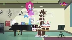 Size: 1920x1080 | Tagged: safe, derpibooru import, screencap, pinkie pie, dance magic, equestria girls, spoiler:eqg specials, balloon, book, boots, bracelet, cake, castle, chocolate cake, clothes, cute, food, high heel boots, jewelry, lidded eyes, music notes, piano, raised leg, skirt, solo, teletoon, twilight's castle