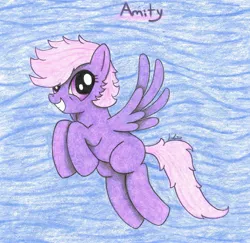 Size: 2255x2190 | Tagged: safe, artist:bio-iridescence, derpibooru import, oc, oc:amity, unofficial characters only, pegasus, pony, art trade, female, flying, grin, mare, smiling, solo, traditional art