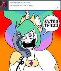 Size: 576x670 | Tagged: safe, artist:pembroke, derpibooru import, princess celestia, alicorn, pony, aku, bottom heavy, dialogue, extra thicc, female, mare, samurai jack, solo, thiklestia