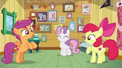 Size: 1280x720 | Tagged: safe, derpibooru import, screencap, apple bloom, applejack, big macintosh, bulk biceps, cheerilee, chipcutter, diamond tiara, featherweight, gabby, granny smith, pipsqueak, rainbow dash, rarity, scootaloo, shady daze, sweetie belle, tender taps, earth pony, gryphon, pony, forever filly, colt, cutie mark crusaders, male, picture frame, stallion