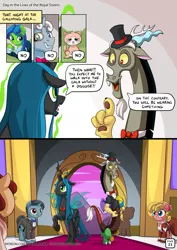Size: 955x1351 | Tagged: safe, artist:mysticalpha, derpibooru import, discord, queen chrysalis, cat, changeling, changeling queen, draconequus, earth pony, pony, unicorn, comic:day in the lives of the royal sisters, bowtie, clothes, comic, crown, dialogue, dress, female, gala, gala dress, hat, jewelry, mare, monocle, regalia, shoes, speech bubble, suit, top hat