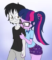 Size: 847x977 | Tagged: safe, artist:sandwich-anomaly, derpibooru import, sci-twi, twilight sparkle, oc, equestria girls, legend of everfree, camp everfree outfits, canon x oc, clothes, commission, female, glasses, lidded eyes, male, open mouth, pants, shirt, shorts, smiling, straight