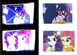 Size: 812x580 | Tagged: safe, derpibooru import, rarity, sci-twi, sour sweet, twilight sparkle, dance magic, equestria girls, spoiler:eqg specials, comparison, female, glasses, one eye closed, ponied up, scitwilicorn, wink