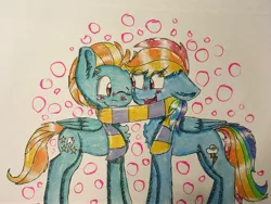 Size: 4032x3024 | Tagged: safe, artist:colorsoulmlp, derpibooru import, lightning dust, rainbow dash, pony, absurd resolution, blushing, clothes, duo, female, lesbian, rainbowdust, scarf, shared clothing, shared scarf, shipping, smiling, traditional art