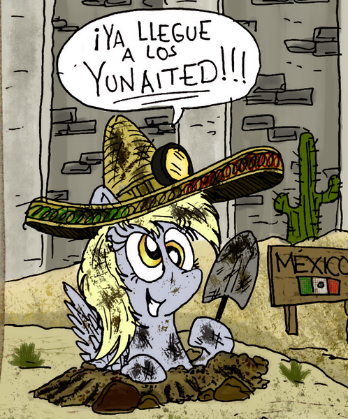 Size: 721x869 | Tagged: safe, artist:joshytoons, derpibooru import, derpy hooves, pegasus, pony, cactus, cropped, digging, dirty, female, immigration, mare, mexico, shovel, solo, sombrero, spanish, translated in the description, tunnel, wall