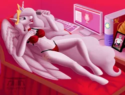 Size: 1483x1131 | Tagged: anthro, artist:quakehoof, belly button, bra, breasts, chaise, choker, clothes, crown, derpibooru import, female, jewelry, keyboard, lipstick, lounging, male stripper, microphone, monitor, panties, pc, photo frame, princess celestia, princess molestia, red underwear, regalia, solo, solo female, suggestive, the man they call ghost, underwear, unguligrade anthro