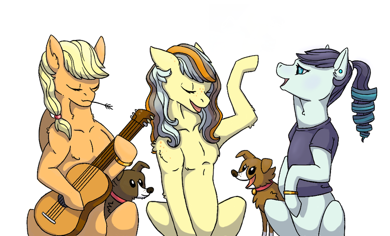 Size: 1148x695 | Tagged: safe, artist:anonymous-potayto, derpibooru import, applejack, coloratura, oc, oc:sunrise mcintosh, oc:susie, oc:tumble, dog, earth pony, pony, female, guitar, lesbian, magical lesbian spawn, mare, non-pony oc, offspring, parent:applejack, parent:coloratura, parent:winona, parents:rarajack, rarajack, shipping