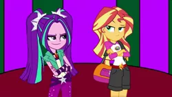 Size: 1191x670 | Tagged: safe, artist:ktd1993, derpibooru import, aria blaze, sunset shimmer, equestria girls, bag, camp everfree outfits, clothes, female, jewelry, lesbian, looking at each other, pendant, shipping, shorts, sisters, smiling, sun, sunblaze