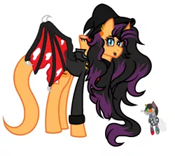 Size: 1084x966 | Tagged: safe, artist:midnightamber, derpibooru import, oc, oc:moore-bid, oc:stiches, unofficial characters only, alicorn, bat pony, bat pony alicorn, demon, demon pony, pony, 2spooky, alicorn oc, button, clothes, coat, curved horn, ear piercing, earring, eyebrow piercing, hat, headless, jewelry, lip piercing, looking at you, markings, modular, piercing, pumpkin, ragdoll, simple background, spoopy, tattered wings, toy, white background, witch hat, zipper