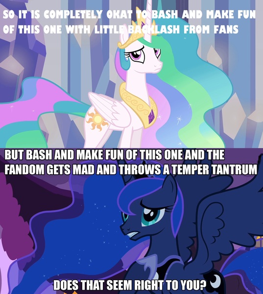 Size: 1920x2144 | Tagged: safe, derpibooru import, edit, edited screencap, editor:equestrianscholar, screencap, princess celestia, princess luna, alicorn, pony, female, image macro, mare, meme, op has a point, sad