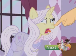 Size: 1264x926 | Tagged: safe, derpibooru import, edit, edited screencap, screencap, lily lace, pony, unicorn, honest apple, boop, boop edit, carousel boutique, clothes, derp, dress, faic, finger, hand, see-through