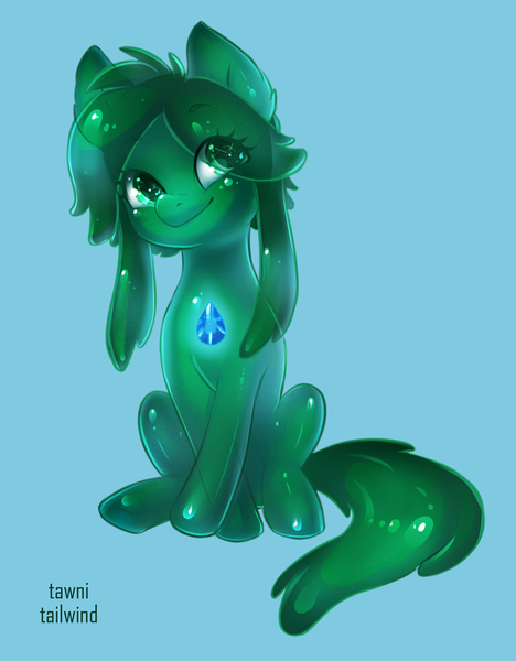 Size: 2574x3300 | Tagged: artist:tawni-tailwind, blue background, colored pupils, derpibooru import, freckles, goo, goo pony, happy, huggable, lime, looking at you, oc, oc:lime sapphire, original species, safe, sapphire, simple background, sitting, solo, unofficial characters only