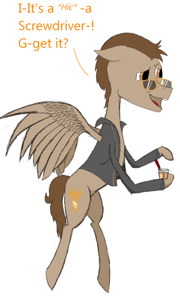Size: 985x1660 | Tagged: safe, artist:the claud, derpibooru import, oc, oc:toffee scotch, unofficial characters only, pegasus, pony, accessories, alcohol, bad joke, bad pun, clothes, drunk, glasses, jacket, pun, request, screwdriver, simple background, solo, sunglasses, transparent background
