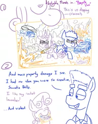 Size: 1280x1611 | Tagged: safe, artist:adorkabletwilightandfriends, derpibooru import, sweetie belle, oc, oc:officer conner, pony, comic:adorkable twilight and friends, adorkable friends, comic, crayon drawing, explosion, lineart, violence