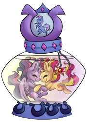 Size: 3566x4961 | Tagged: safe, artist:cutepencilcase, derpibooru import, sunset shimmer, twilight sparkle, twilight sparkle (alicorn), alicorn, pony, unicorn, absurd resolution, boop, bottle, cute, cutie mark, cutie mark accessory, eyes closed, female, hug, lesbian, mare, noseboop, pony in a bottle, shimmerbetes, shipping, sunsetsparkle, twiabetes, underwater