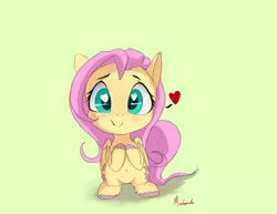Size: 1400x1080 | Tagged: safe, artist:miokomata, derpibooru import, fluttershy, pegasus, pony, chibi, cute, cute little fangs, fangs, female, green background, heart, heart eyes, hnnng, looking at you, mare, shyabetes, signature, simple background, smiling, solo, wingding eyes