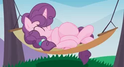 Size: 1280x693 | Tagged: safe, artist:xniclord789x, derpibooru import, sugar belle, pony, hard to say anything, hammock, implied big macintosh, pregnant, sleeping, solo, tree