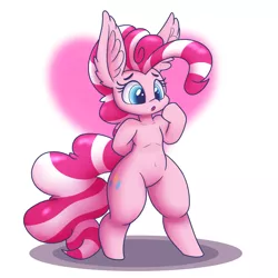 Size: 1500x1500 | Tagged: safe, artist:heir-of-rick, derpibooru import, pinkie pie, earth pony, pony, semi-anthro, big ears, bipedal, candy, candy cane, cute, diapinkes, female, food, heart, impossibly large ears, mare, solo, striped mane