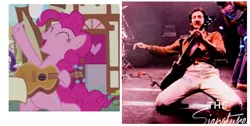 Size: 839x423 | Tagged: safe, derpibooru import, edit, edited screencap, screencap, pinkie pie, pony, honest apple, guitar, pete townshend, the who