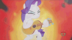 Size: 640x360 | Tagged: safe, derpibooru import, edit, edited screencap, editor:squeaky-belle, screencap, rarity, pony, honest apple, animated, gif, guitar, guitarity, rhythm game, rock band, solo, treehouse logo