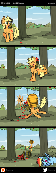 Size: 600x1849 | Tagged: safe, artist:ladyanidraws, derpibooru import, applejack, rainbow dash, bee, pony, abuse, apple, applebucking, beehive, bucking, flanderization, food, jackabuse, patreon, patreon logo, prank, rainbow douche, this ended in pain