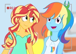 Size: 2143x1506 | Tagged: safe, artist:berrypunchrules, derpibooru import, rainbow dash, sunset shimmer, equestria girls, camcorder, clothes, female, lesbian, open mouth, recording, shipping, smiling, sunsetdash