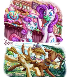 Size: 740x843 | Tagged: safe, artist:jowybean, derpibooru import, rarity, ripley, sweetie belle, zippoorwhill, pony, forever filly, clown sundae, clown surprise, food, ice cream, messy, messy eating, mouth hold, stick