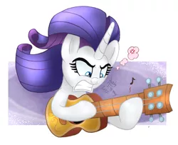 Size: 1230x1000 | Tagged: safe, artist:joakaha, derpibooru import, rarity, pony, unicorn, honest apple, acoustic guitar, angry, female, gritted teeth, guitar, guitarity, mare, signature, simple background, solo