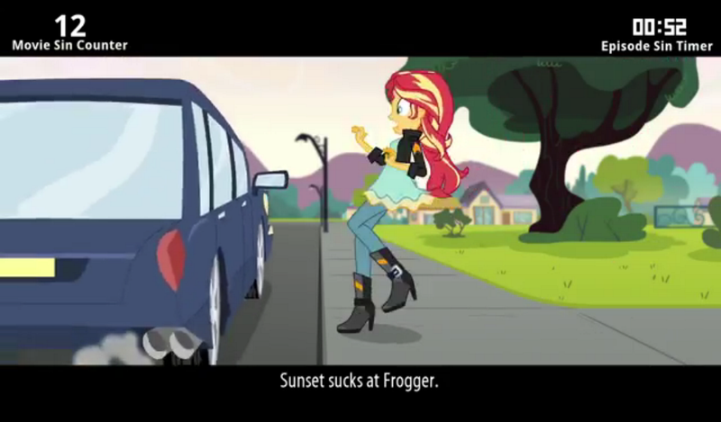 Size: 1024x600 | Tagged: safe, derpibooru import, screencap, sunset shimmer, cinemare sins, equestria girls, friendship games, boots, car, clothes, everything wrong with friendship games, fence, high heel boots, jacket, leather jacket, meme, raised leg, sidewalk, solo, streetlight, text, tree