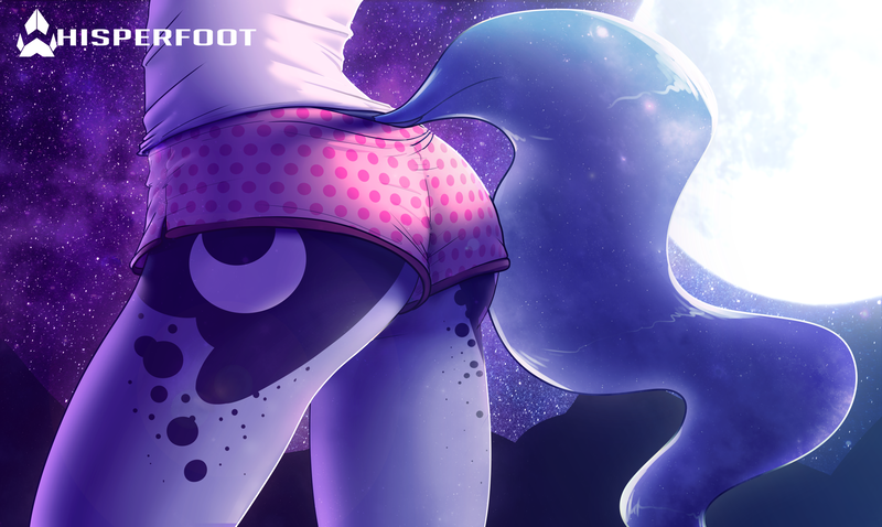 Size: 2143x1280 | Tagged: suggestive, artist:whisperfoot, derpibooru import, princess luna, alicorn, anthro, ass, both cutie marks, boyshorts, clothes, female, mare, moon, moonbutt, outdoors, panties, pink underwear, polka dot underwear, solo, solo female, stars, underwear