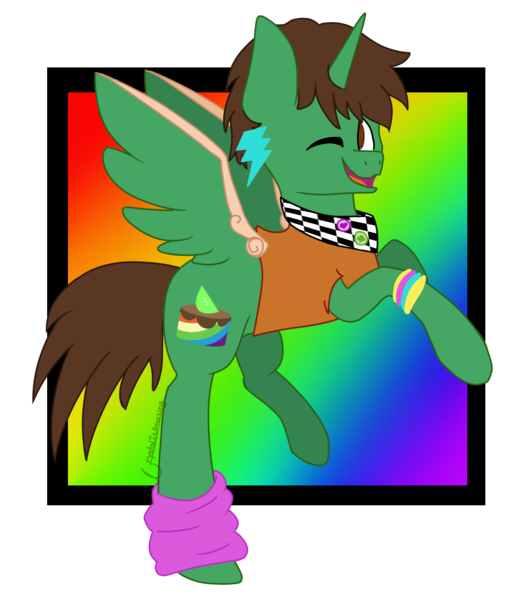 Size: 1125x1299 | Tagged: safe, artist:crystalisamazing, derpibooru import, oc, oc:frost d. tart, unofficial characters only, alicorn, pony, 80s, alicorn oc, one eye closed, rainbow background, simple background, smiling, solo, transparent background, wink