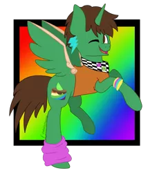 Size: 1125x1299 | Tagged: safe, artist:crystalisamazing, derpibooru import, oc, oc:frost d. tart, unofficial characters only, alicorn, pony, 80s, alicorn oc, one eye closed, rainbow background, simple background, smiling, solo, transparent background, wink