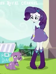 Size: 362x480 | Tagged: safe, derpibooru import, screencap, rarity, spike, spike the regular dog, dog, dance magic, equestria girls, spoiler:eqg specials, boots, bracelet, clothes, cooler, cropped, cute, fence, high heel boots, jewelry, lidded eyes, looking down, looking up, paws, sad, skirt