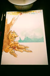 Size: 1261x1920 | Tagged: safe, artist:bloodatius, derpibooru import, applejack, pony, sitting, solo, traditional art, tree, watercolor painting