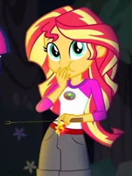 Size: 354x472 | Tagged: safe, derpibooru import, screencap, sci-twi, sunset shimmer, twilight sparkle, equestria girls, legend of everfree, camp everfree outfits, clothes, cropped, cute, eating, flower, looking at you, offscreen character, puffy cheeks, shimmerbetes, shorts, solo, sun, tree