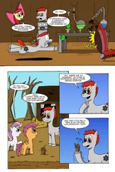 Size: 1024x1536 | Tagged: safe, artist:cartoon-eric, derpibooru import, apple bloom, scootaloo, sweetie belle, oc, oc:fritz, oc:gear loose, pony, comic:cmc and gear loose, chemistry, comic, cutie mark crusaders, florence flask, vacuum cleaner