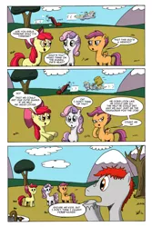 Size: 1024x1536 | Tagged: safe, artist:cartoon-eric, derpibooru import, apple bloom, derpy hooves, scootaloo, sweetie belle, oc, oc:gear loose, pegasus, pony, comic:cmc and gear loose, comic, cutie mark crusaders, female, hammer, mallet, mare, vacuum cleaner