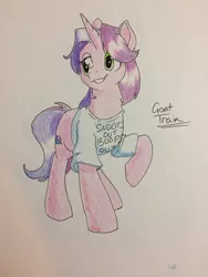 Size: 2448x3264 | Tagged: safe, artist:goat train, deleted from derpibooru, derpibooru import, oc, oc:gloomy, unofficial characters only, pony, clothes, commission, raised hoof, shirt, solo, t-shirt, traditional art