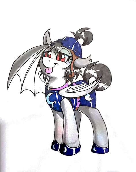 Size: 1280x1628 | Tagged: safe, artist:goat train, deleted from derpibooru, derpibooru import, oc, unofficial characters only, bat pony, pony, armor, bat pony oc, commission, salute, simple background, solo, tongue out, traditional art, white background, wing hands