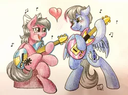 Size: 1280x959 | Tagged: safe, artist:sugaryviolet, derpibooru import, oc, unofficial characters only, pegasus, pony, bipedal, blushing, commission, guitar, heart, music notes, open mouth, singing, sitting, traditional art