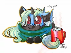 Size: 1280x957 | Tagged: safe, artist:sugaryviolet, derpibooru import, oc, unofficial characters only, bat pony, pony, blanket, commission, cozy, cute, descriptive noise, mug, solo, traditional art