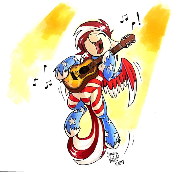 Size: 1280x1259 | Tagged: safe, artist:sugaryviolet, derpibooru import, oc, oc:luna jax, unofficial characters only, pegasus, pony, american flag, commission, eyes closed, flying, guitar, music notes, open mouth, singing, solo, traditional art, united states, unshorn fetlocks