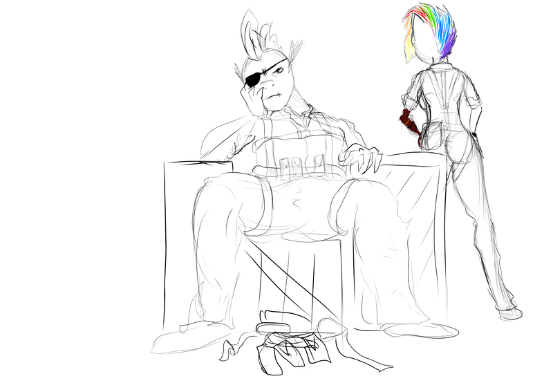 Size: 3035x2150 | Tagged: alternate timeline, amputee, anthro, apocalypse dash, artist:steadfast hoof, crystal war timeline, derpibooru import, doodle, dragon, metal gear solid 5, prosthetic limb, prosthetics, rainbow dash, safe, spike