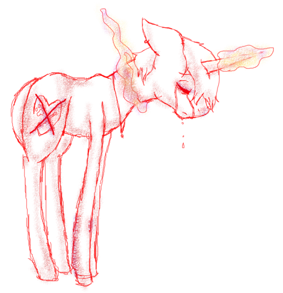 Size: 1024x1061 | Tagged: semi-grimdark, artist:anxiouslilnerd, derpibooru import, oc, oc:arrow, unofficial characters only, pony, bracelet, crossed out cutie mark, crying, depressed, ear piercing, earring, hanging, hanging (by neck), jewelry, magic, necklace, piercing, self harm, sketch, solo, suicide, vent art