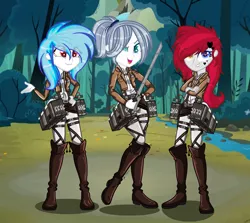 Size: 2192x1956 | Tagged: safe, artist:yulianapie26, derpibooru import, oc, unofficial characters only, equestria girls, anime, attack on titan, clothes, colored pupils, equestria girls-ified, forest, heterochromia, image, outdoors, png, smiling, sword, trio, weapon